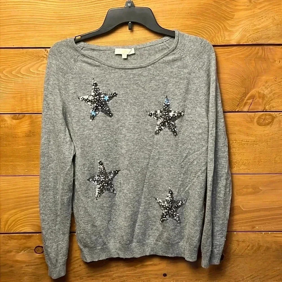 Jeff Womens sweater stars 3 gray 90% wool 10% cashmere warm winter soft sequins - Picture 1 of 8